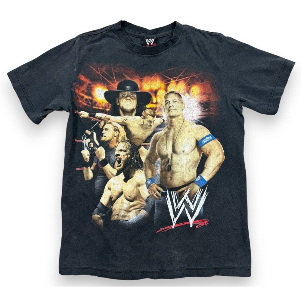 Vintage WWE Shirt Boys XL Black Wrestling John Cena Undertaker Triple H 2008 Y2K